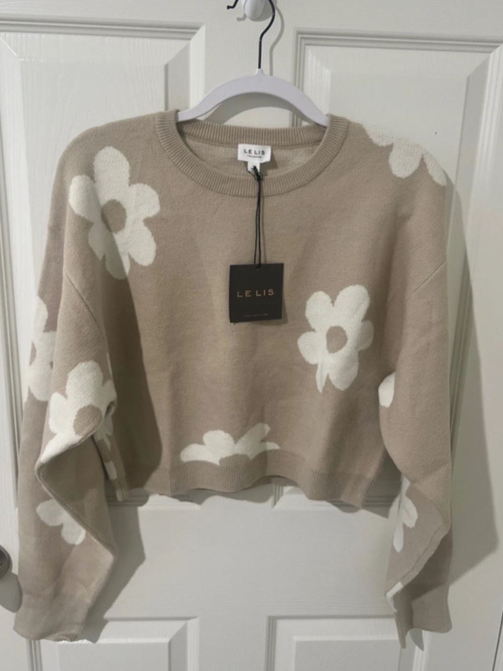Le Lis Beige Crewneck Sweater with White Floral Motif